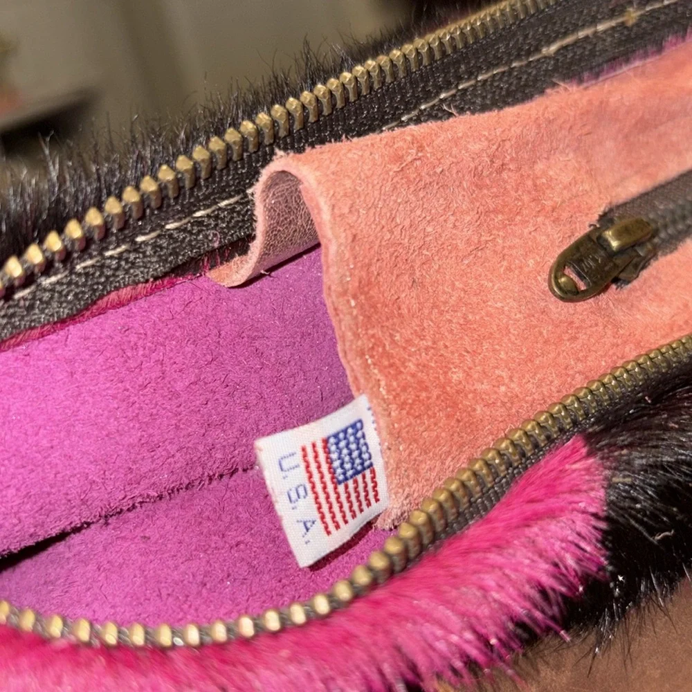 Fur-On Cowhide Western Shoulder Bag Pink & Black Zebra Print w/Leather Strap BP4